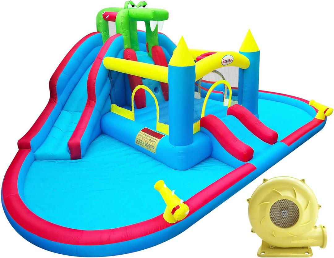 Inflatable Bounce House with Double Water Slide,Double Ball Pit/Water Pool,Crocodile Styling,Double Water Cannon,Climbing Wall,Bouncy Castle with Air Blower,Water Park Slide for Kids Backyard