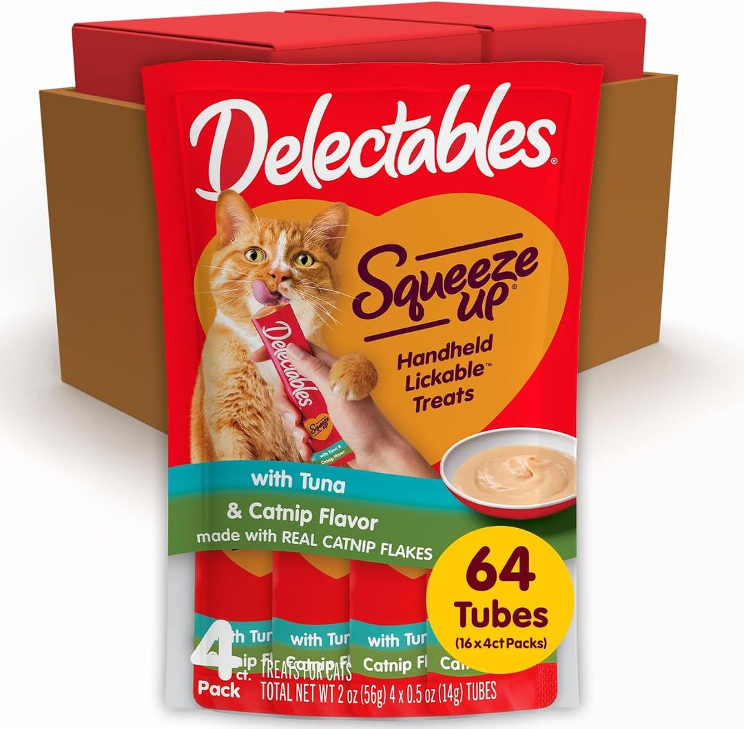 Delectables Squeeze Up Tuna with Catnip Creamy Squeezable Puree, Lickable Wet Cat Treats, Grain Free, No Added Fillers, No By-Products, No Added Preservatives, 0.5 Ounces Tube, 64 Tubes Total (EXP 05/20/27)