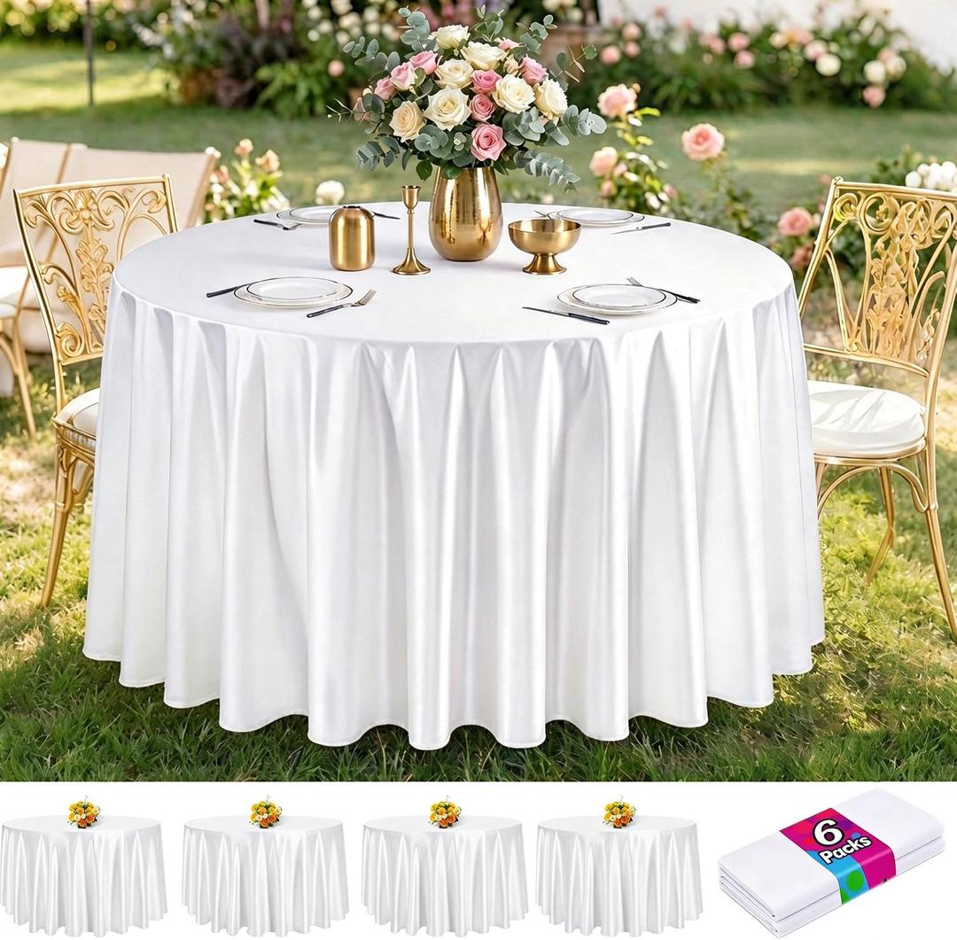 FAVE 6 Pack 120 Inch White Round Satin Tablecloth, Washable Table Cover
