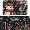 Snowman Christmas Trees Snowflake Christmas Kitchen Mats Set of 2, Black Winter Holiday Home Decor Kitchen Rugs for Floor 17x29 and 17x47 Inch