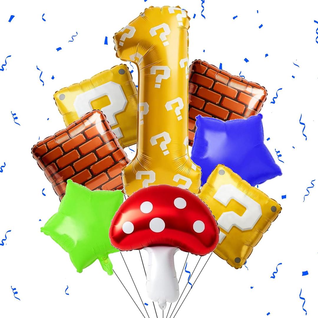 40 Inch Yellow Question Mark Number 1 Balloon Set,Video Game Theme Birthday Party Decoration Mushroom Question Mark Square Star Shaped Balloon Children'S Birthday Photo Background Party Supplies