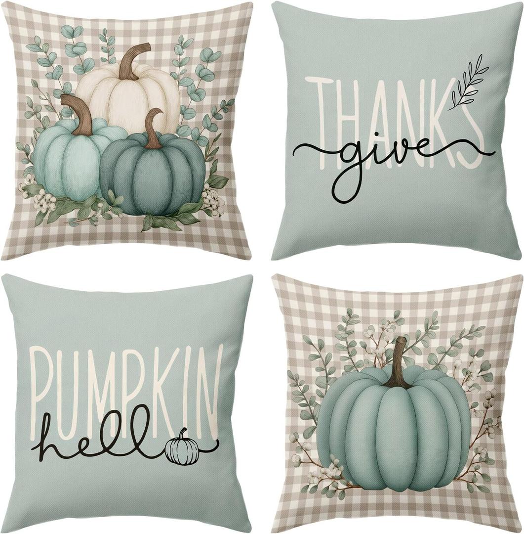 BBOLDIN Fall Thanksgiving Throw Pillow Covers 18x18, Fall Plaid Blue Teal Turquoise Pumpkin Pillow Cases Set of 4, Halloween Autumn Cushion Covers Decorations for Home Porch Bedroom