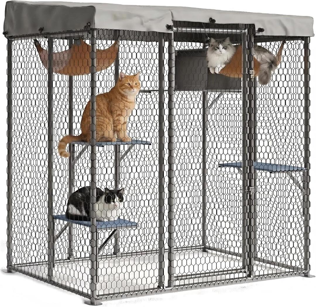 Large Catio Outdoor Cat Enclosure 76''h Extra Large Walk-in Cat Patio for Multiple Cats, Outdoor Catio with Waterproof Cover, Hammock, Resting Box and 4 Platforms, Metal Chicken Run Coop