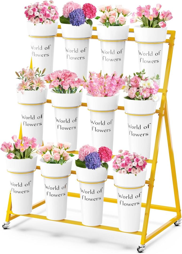 Flower Display Stand with 12 Buckets, Metal Flower Cart with Wheels 3 Layers Gold Flower Bar Stand Moving Florist Bouquet Shelf for Party Weddings Ceremony Garden Indoor Outdoor Patio Decor (35.43" x 21.65" x 47.24"(LxWxH))