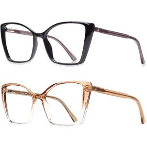2 Pack Blue Light Blocking Glasses for Women, Oversized Trendy Cat Eye Computer Gaming Glasses Anti Glare & UV Glare RF6204 (Black + Clear Gradient Brown Cateye Frame)