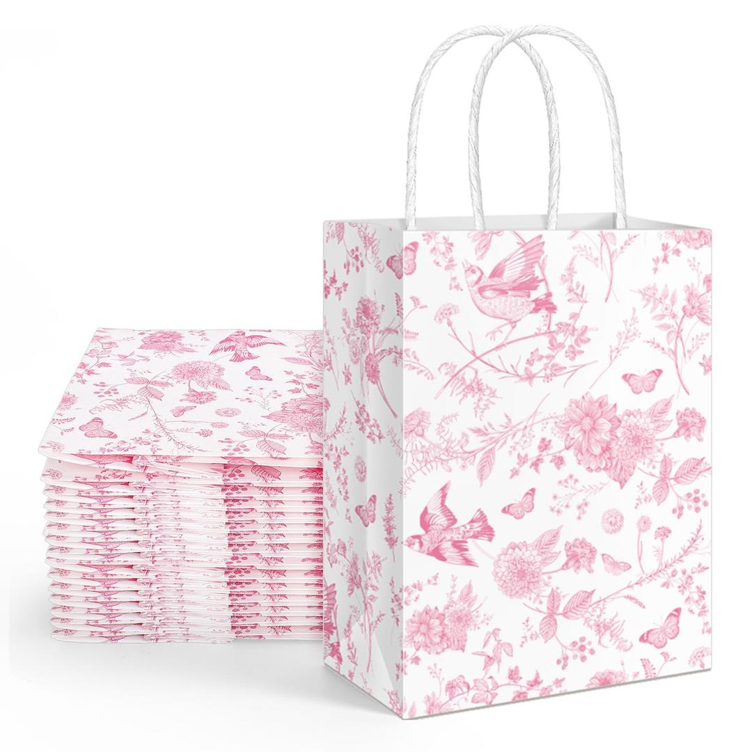16 Pcs Floral Paper Gift Bags Pink White Flower Bird Party Favor Bag with Handle Chinoiserie Hydrangea Branches Goodie Candy Treat Bags for Wedding Birthday Anniversary Bridal Shower