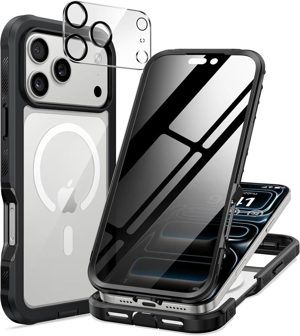 seacosmo for iPhone 17 Pro Case, Full Body Bumper with Built-in 9H Tempered Glass Privacy Screen Protector and Camera Lens Protection, Compatible with MagSafe, Shockproof Phone Case, 6.3", Black