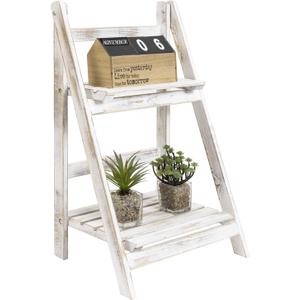 MyGift 2 Tier Rustic Whitewashed Solid Wood Freestanding Foldable Indoor Plant Stand, Decorative Wooden Display Shelf, Medium