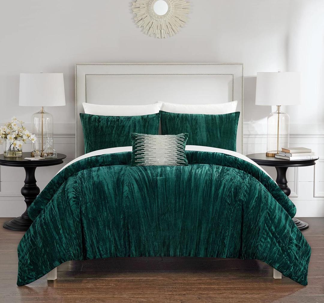 Chic Home Westmont 4 Piece Comforter Set Crinkle Crushed Velvet Bedding-Decorative Pillow Shams Included, Queen, Green Chic Home Westmont 4 Piece Comforter Set Crinkle Crushed Velvet Bedding-Decorative Pillow Shams Included, Queen, Green