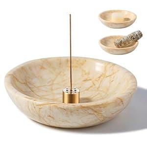 Koville Natural Marble Incense Holder, Incense Holder for Sticks with 9 Holes, Handmade Incense Burner Ash Catcher for Meditation Yoga SPA, Balsam Fir/ Palo Santo/ Sage/ Cone (Gold)