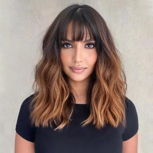 Short Curly Wigs with Bangs for Women 14 Inches Wavy Bob Wig Synthetic Heat Resistant Fiber Wigs (R4-27#)