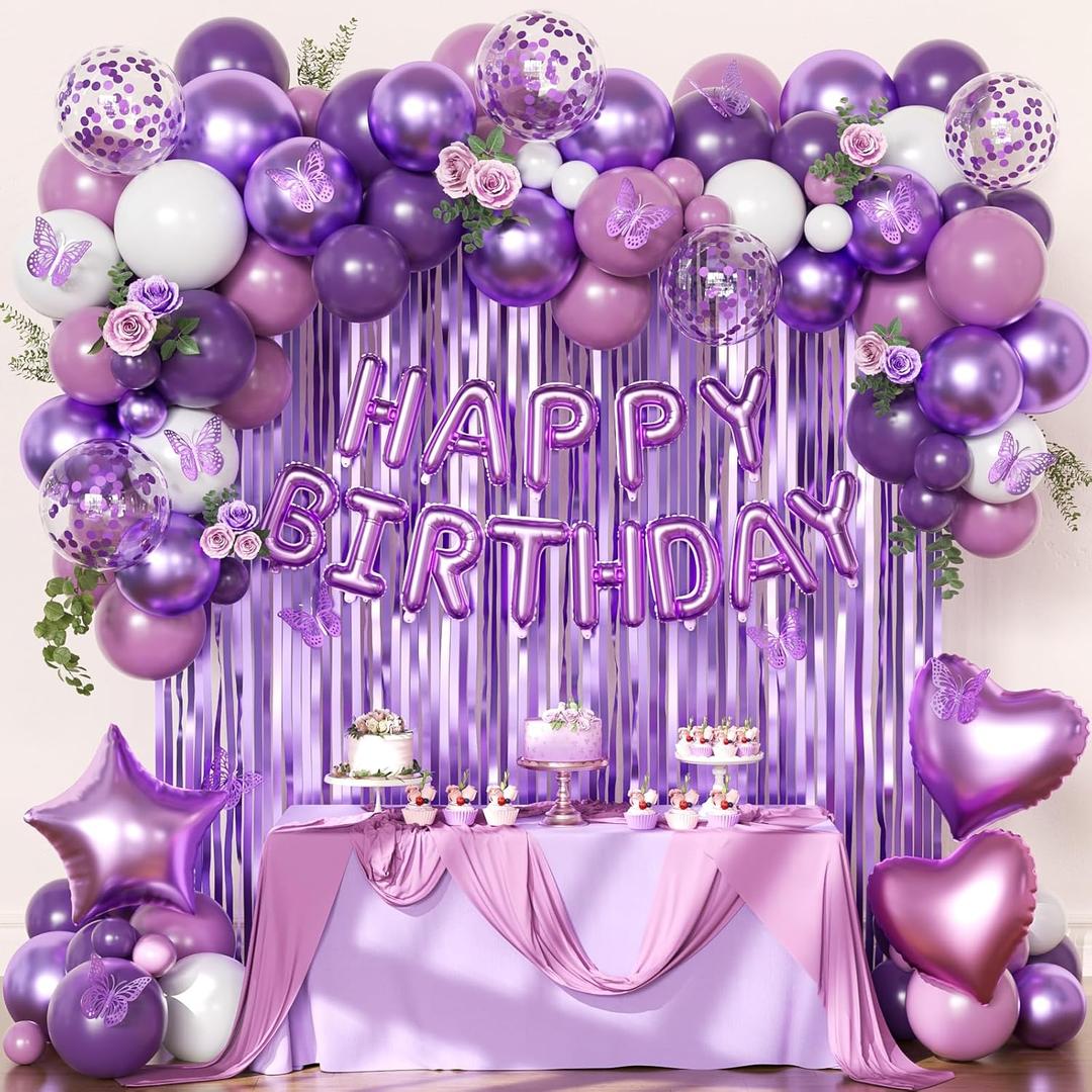Purple Birthday Decorations for Women Girls, Metallic Dark Dusty Purple White Purple Foil Confetti Balloons Happy birthday Banner Purple Butterfly Fringe Curtains Birthday Decorations
