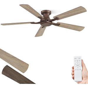 ZMISHIBO 52 Inch Ceiling Fan No Light, Flush Mount Low Profile, Farmhouse Brown Ceiling Fan Without Light, Remote Control & Quiet DC Motor, for Indoor&Outdoor, Bedroom, Living Room