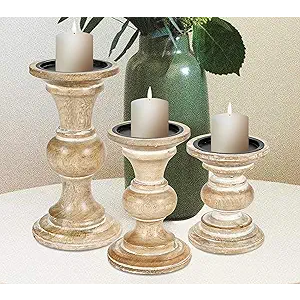 Handcrafted in India, Candle Stands Wooden for Pillar Candles,Rounded Turned Colums, Sustainable Woods, Country Style, Ideal for Reiki, Aromatherapy, Votive Candle Gardens Home décor - 10,8,6 Inch Set of 3 - White Wash