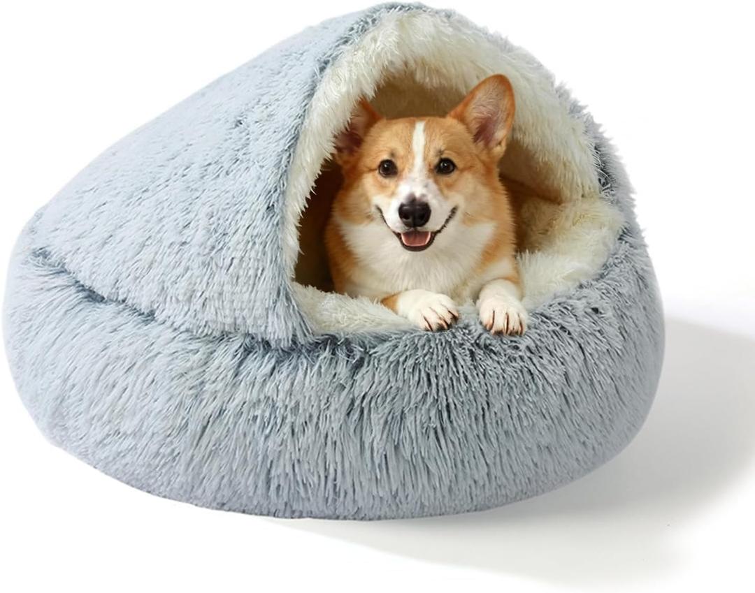 Calming Dog Bed Fluffy Plush Pet Bed Under 20 PoundLarge Cave Bed Washable Non-Slip Cat Nest Pod WindproofCozy Indoor Cave for Kitten Dog Non-Slip Bottom (M-25.6in)