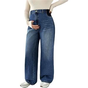 MakeMeChic Women's Maternity Jeans Loose Wide Leg Over The Belly Straight Pregnancy Jeans Denim Pants (Blue, L)