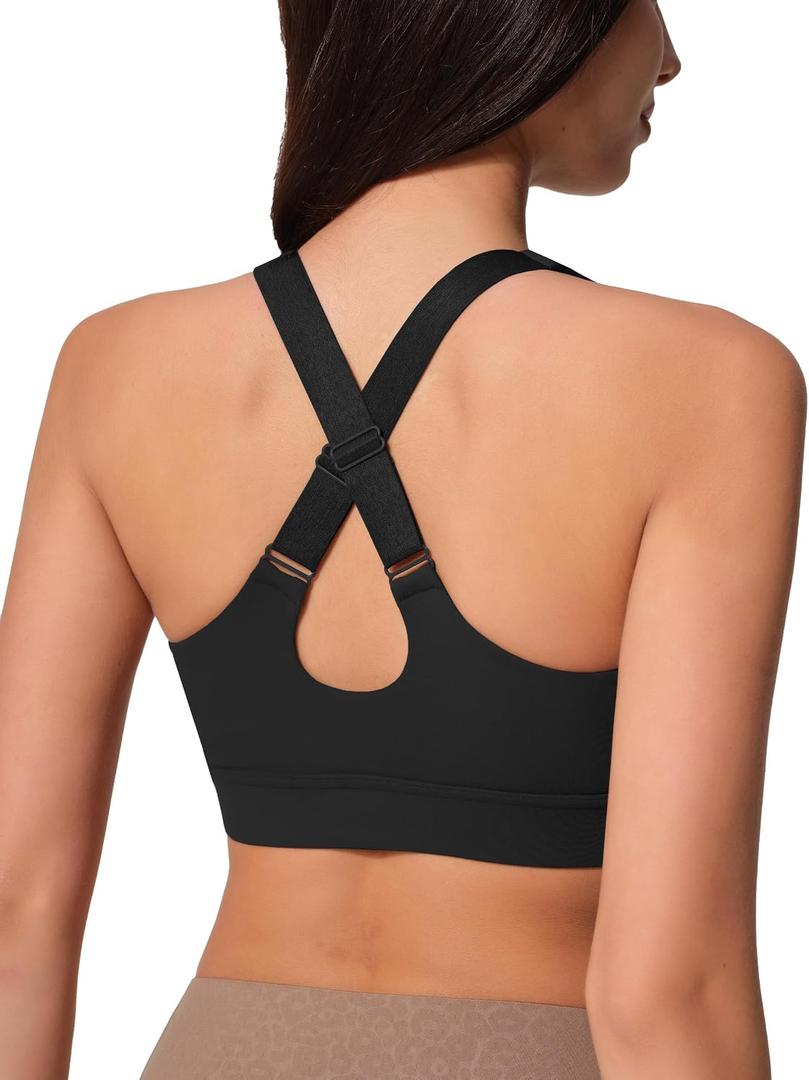 Sports Bras for Women Criss Cross Back - V Neck Adjustable Wide Straps High Support Removable Pad Gym Crop Tank Tops (Black, S)