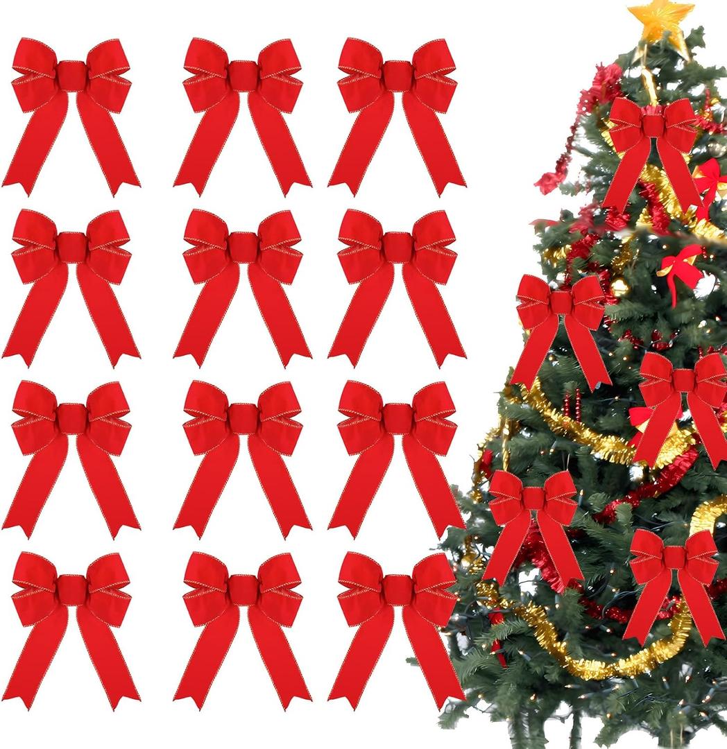 12 Pack Red Bows Christmas Tree Decorations, Christmas Wreath Bows Christmas's Velvet Bows with Glitter Gold Edge for Xmas Home Wreath Fence Stairs Railing Fireplace Indoor Outdoor (8 x 10 Inches)