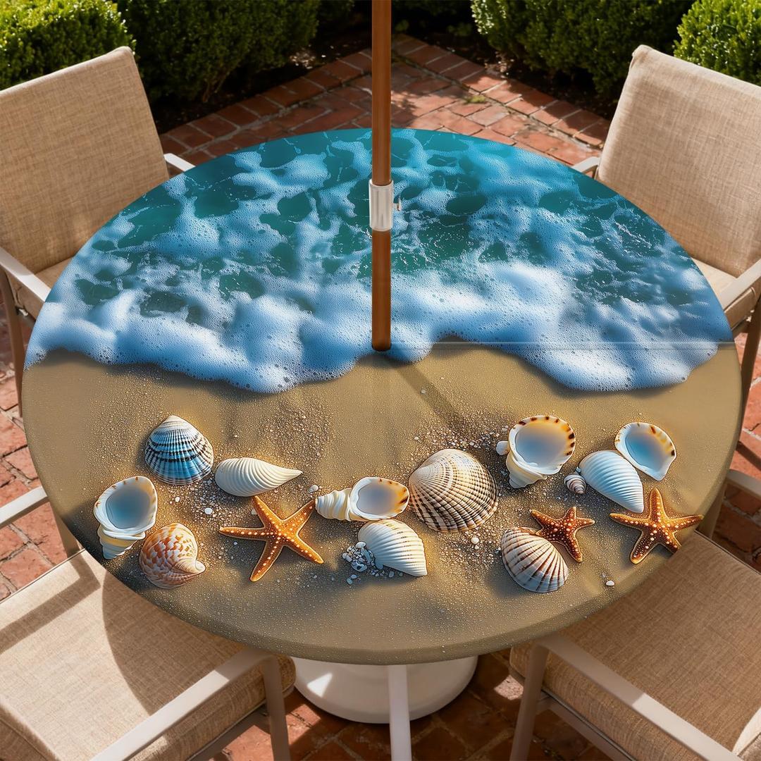 Round Outdoor Tablecloth with Umbrella Hole, Zippered Fitted Tablecloth with Elastic Edge, Waterproof Table Cloth Cover for Picnic Party Fits 45"-48" Round Table, Shell
