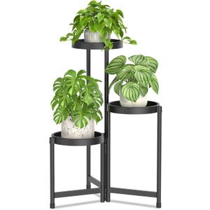 LASZOLA 3 Tiered Plant Stand Indoor Outdoor with Plastic Tray, Corner Folding Tall Flower Display Rack, Modern Plant Holder Shelf for Outdoor Patio Porch Garden Office Living Room, Black