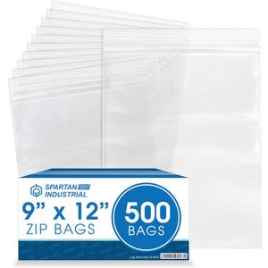 Spartan Industrial - 9 X 12 (500 Count) 2 Mil Clear Reclosable Zip Plastic Poly Bags with Resealable Lock Seal Zipper