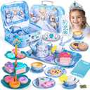 Hohosunlar Frozen Tea Party Set for Little Girls, Princess Gift Toy, Kids Pretend Play Tin Tea Set with Teapot, Tea Cups, Food Playset & Carrying Case, Birthday for Girls Age 3+