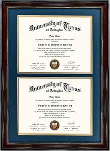 GraduationMall 14x20 Double Diploma Frame, Display 8.5x11 Certificate with Navy over Gold Mat,Tempered Glass,Mahogany with Gold Beads
