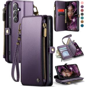 Defencase Compatible with Samsung Galaxy S24 Case Wallet with RFID Blocking Card Holder for Women Men, Soft PU Leather Magnetic Snap Flip Zipper Strap Wallet Phone Case Fit for Galaxy S24 6.2", Purple