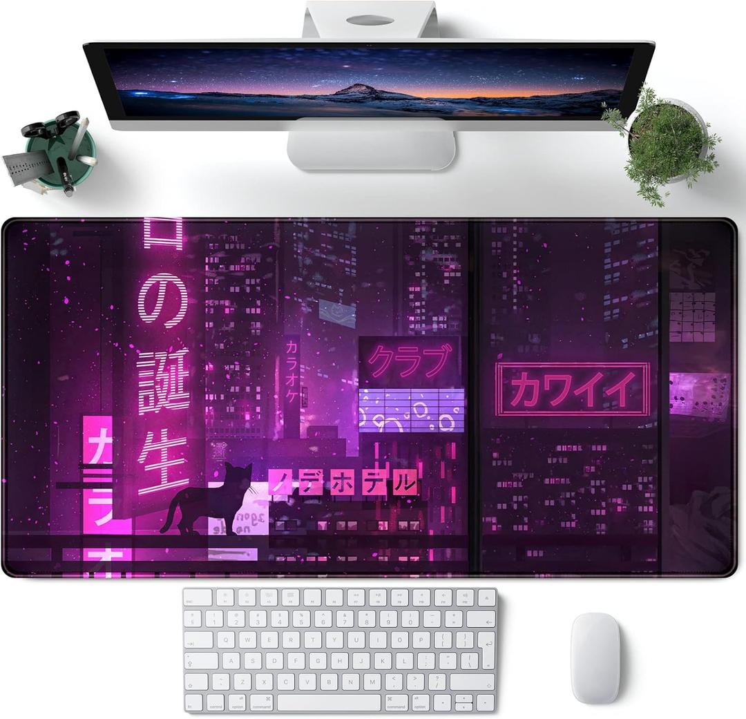 Purple Gaming Mousepad Japanese Desk Mat XXL Extended Anime Cool Large Mouse Pad Keyboard Mouse Mat Desk Pad for Computer Laptop Gamers 31.5''X15.7'' Non-Slip Rubber Base with Stitched Edges
