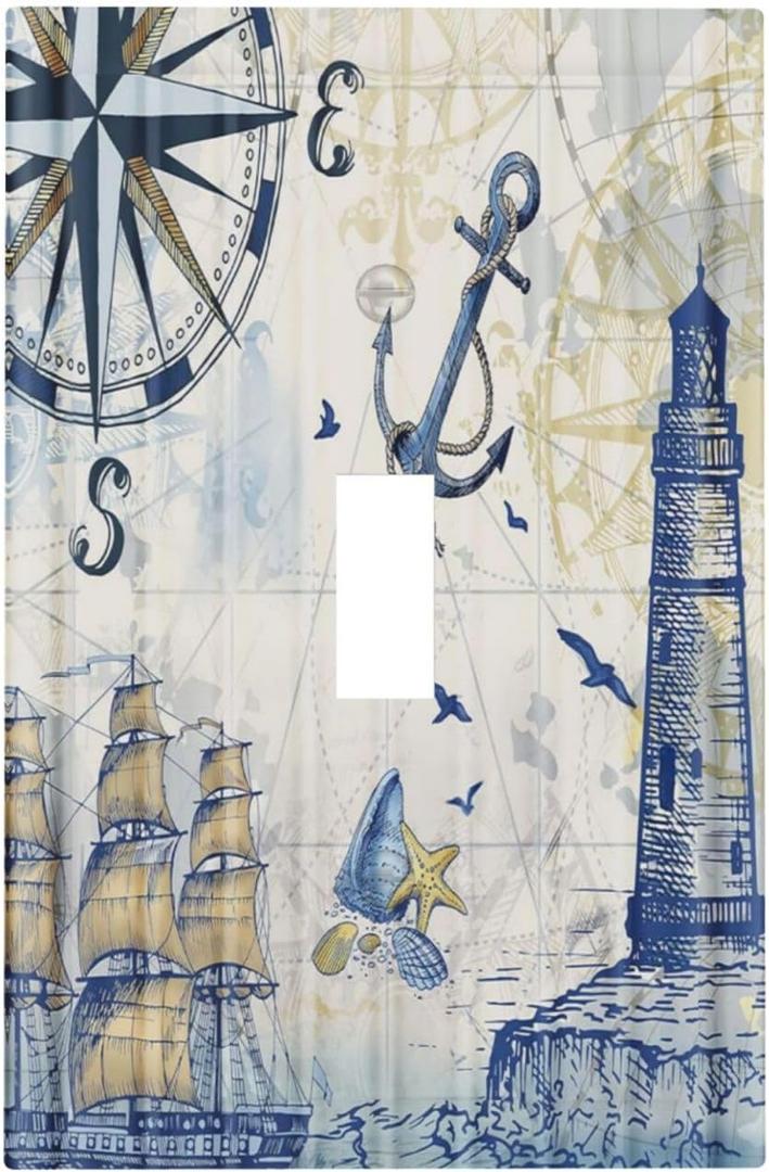 Nautical Ocean Sailboat Lighthouse Anchor 1 Gang Light Switch Covers Single Toggle Wall Plate Decorative Switchcover Electrical Switchplate for Kitchen Bathroom Bedroom Decor