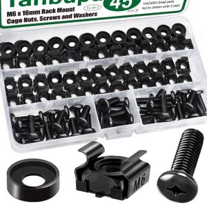 45PACK M6 x 16mm Rack Mount Cage Nuts, Screws, Washers, Black Server Rack Screws and Square Insert Nuts for Rack Mount Server Cabinet, Shelves, Enclosures, Routers