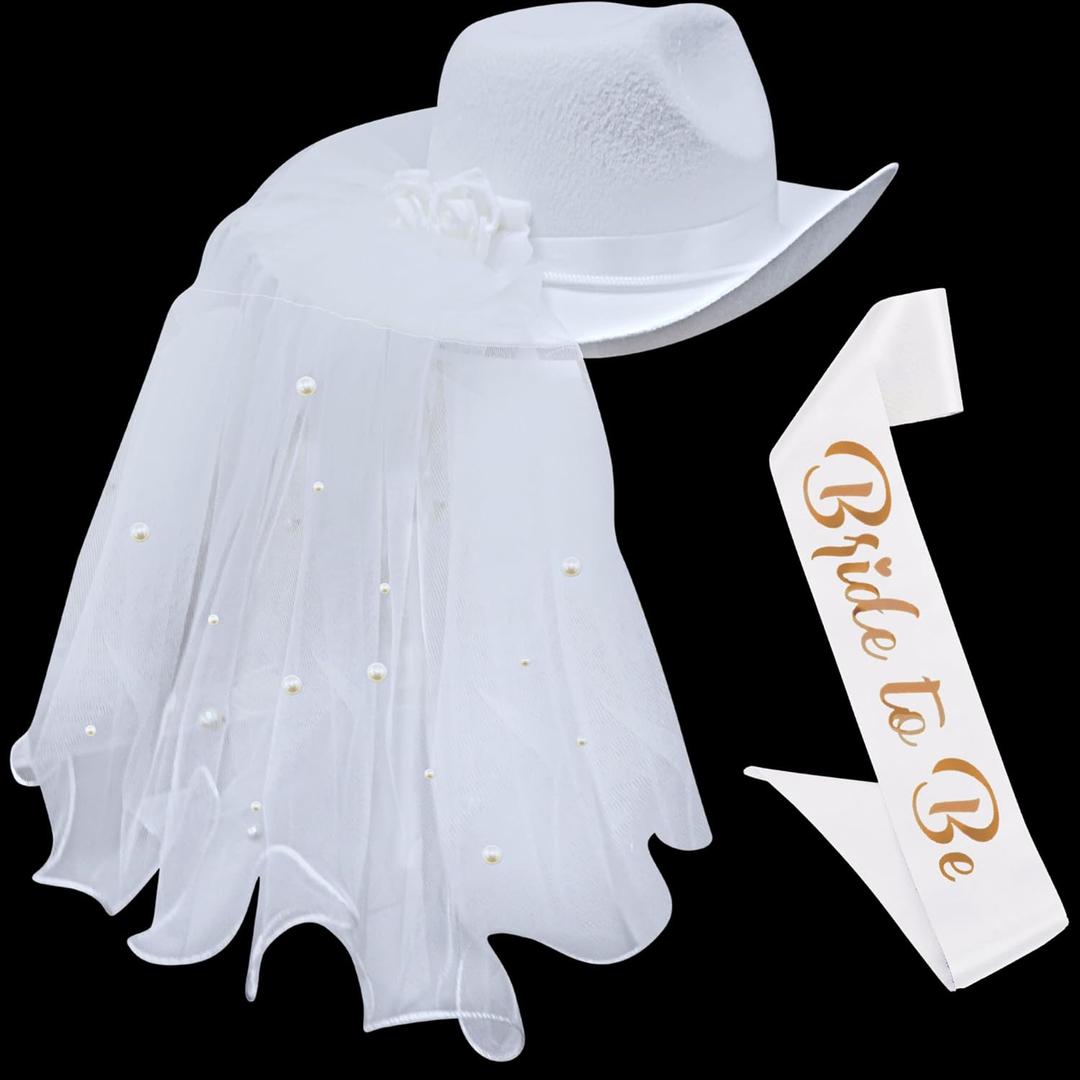 4E's Novelty Bride Cowgirl Hat with Veil & Sash - Women White Cowboy Hat Bachelorette Party, Bridal Shower Dress Up 4E's Novelty Bride Cowgirl Hat with Veil & Sash - Women White Cowboy Hat Bachelorette Party, Bridal Shower Dress Up