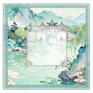 Qabliqo Elegant Chinese Garden Mahjong Mat, Teal Green Chinoiserie Pavilion Lake Non-Slip Noise Reduction Gaming Mat 31.5 x 31.5 Inch for Table American Mahjong Games Card Games Poker Board Dominoes
