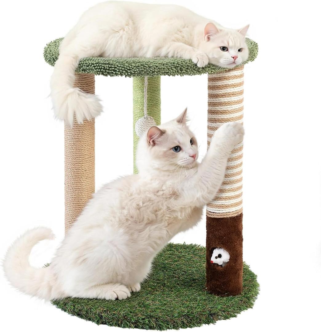 Cat Tree Tower with 3 Scratcher Posts 22inch Tall Cat Tree Sisal Scratching Posts with Fun Cat Toys for Kitty and Adult Cats Small Cat Tower and Perch Bed for Indoor Cats (Green) 