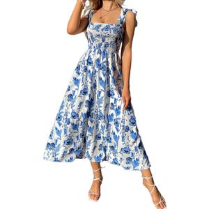 MakeMeChic Women's Summer Floral Dresses 2025 Beach Vacation Casual Blue and White Long Maxi Sundresses (Medium)