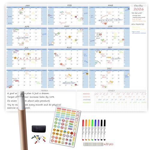 CLEVER CLEAN Large Dry Erase Wall Calendar - 48"x58" 12-month 2026 Undated Yearly Calendar for Home, Office, School Projects - Jumbo Laminated Task Organizer