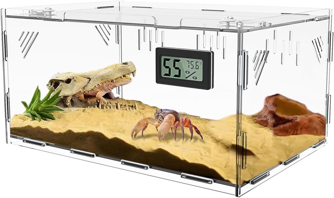 Acrylic Reptile Breeding Box Terrarium Cage Tank, 11.8"x7.9"x5.9", with Temperature Hygrometer, for Small Reptiles, Snakes, Insects, Home Office