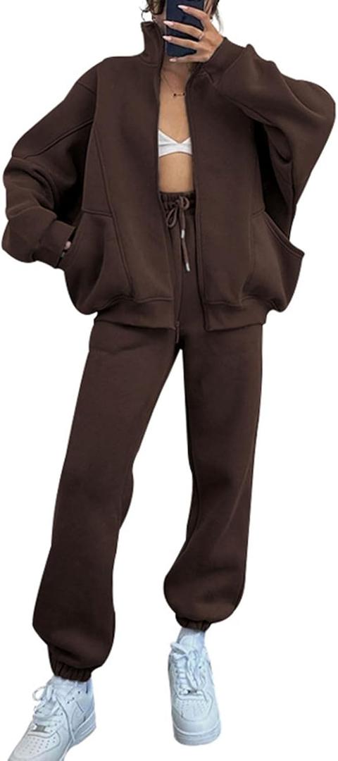 Alunzoem Sweatsuits for Women Set 2 Piece Outfits Long Sleeve Zip Up Jacket Oversized Sweatshirt Jogger Sweatpants Tracksuit (Small, Coffee)
