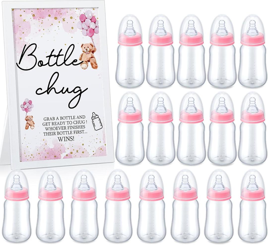 Roowest Bottle Chug Baby Shower Game Favors Including Pink Bear Theme Wooden Sign and 18 Pcs Baby Bottles for Gender Reveal Party Supplies