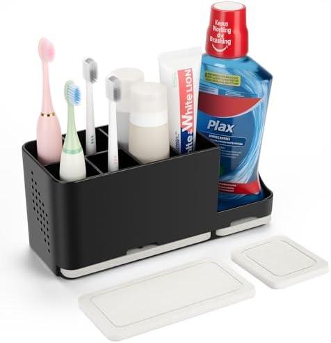 YONGAIJIA Toothbrush Holder for Bathroom Organizer with Diatom mud Board，Detachable 8 Slots Kids Electric Toothbrush Holder and Toothpaste Stand for Countertop Accessories Storage (Black)