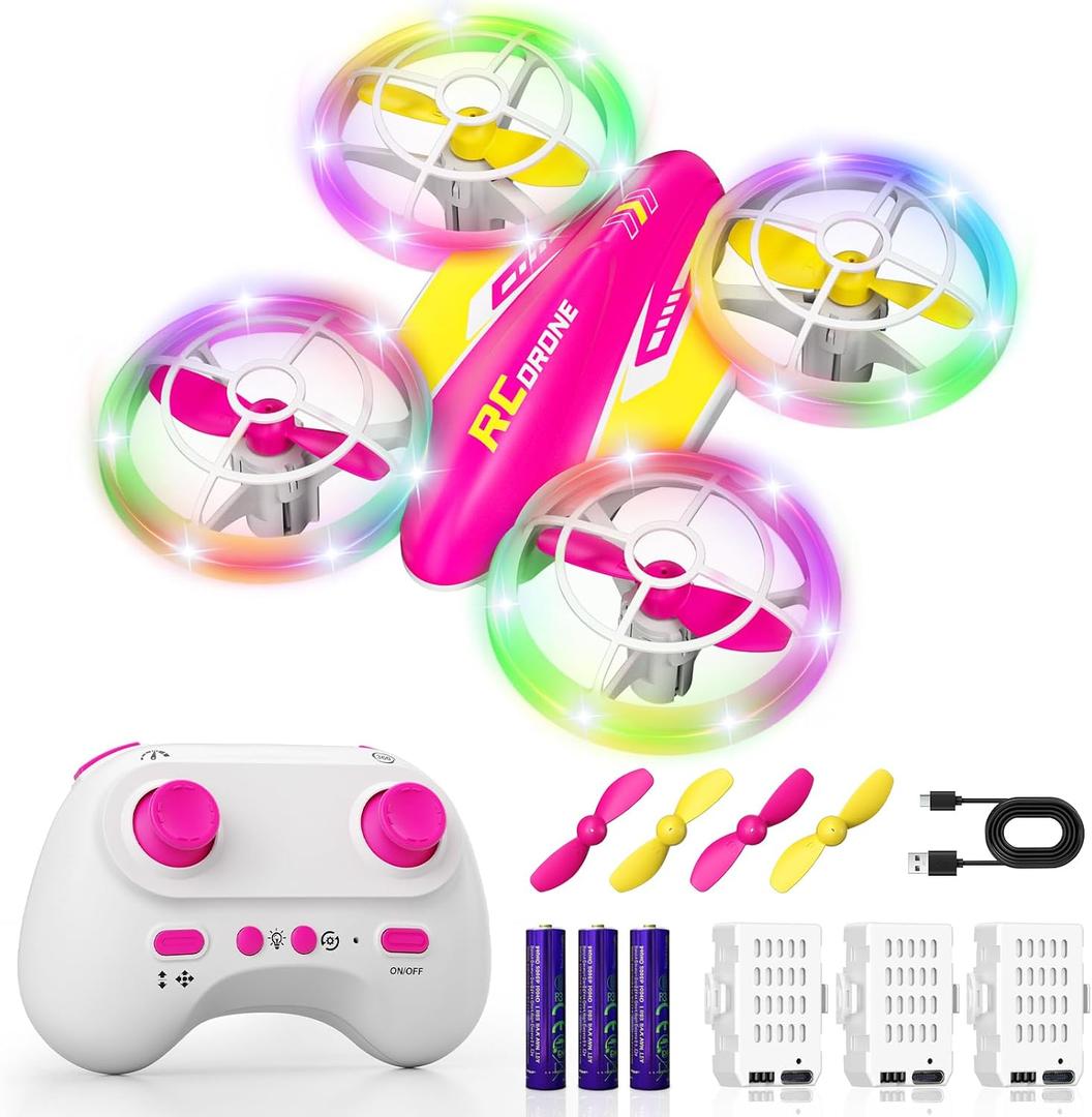 LED RC Drone for Kids 6+, Christmas Birthday Gift for Boys & Girls with Remote Batteries, 360° Flip, High Speed Mode, 45 Min Flight Indoor and Outdoor Flying Toy - RoseRed Yellow