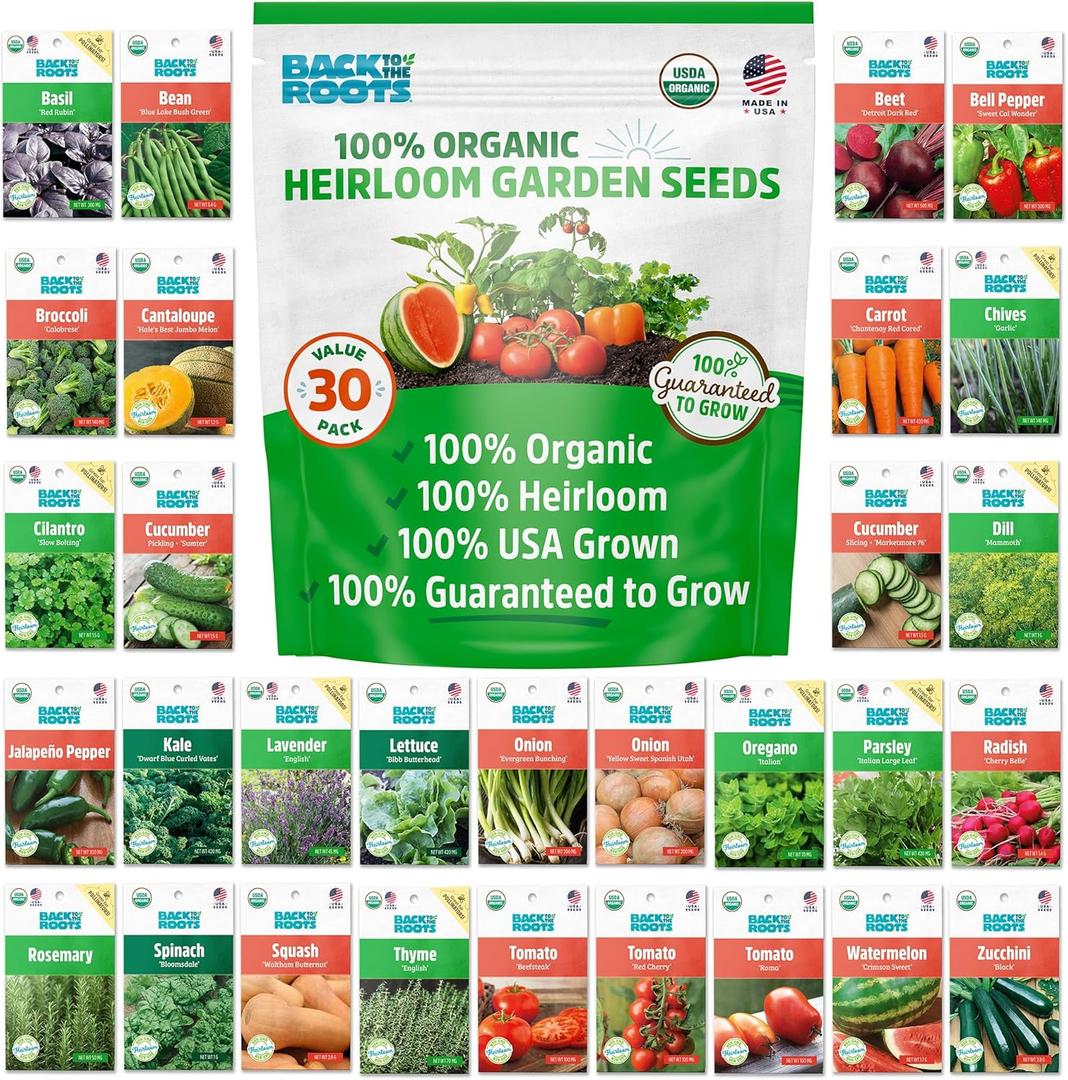 Back to the Roots Heirloom Organic, Non-GMO & USA Grown Seeds, 30ct Herb, Fruit, and Veggies, Assortment May Vary, Guaranteed to Grow