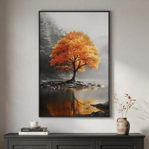 Framed Orange and Grey Fall Tree Forest Lake Landscape Wall Art, 24x36 In