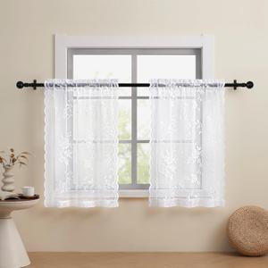 White Lace Cafe Curtains 24 Inch Length 2 Panels Set - Country Floral Sheer Rod Pocket Short Kitchen Decor, Light Filtering for Small Window, Bathroom, Basement, RV, Laundry, Camper, 26"W x 24"L (Pack of 2), White