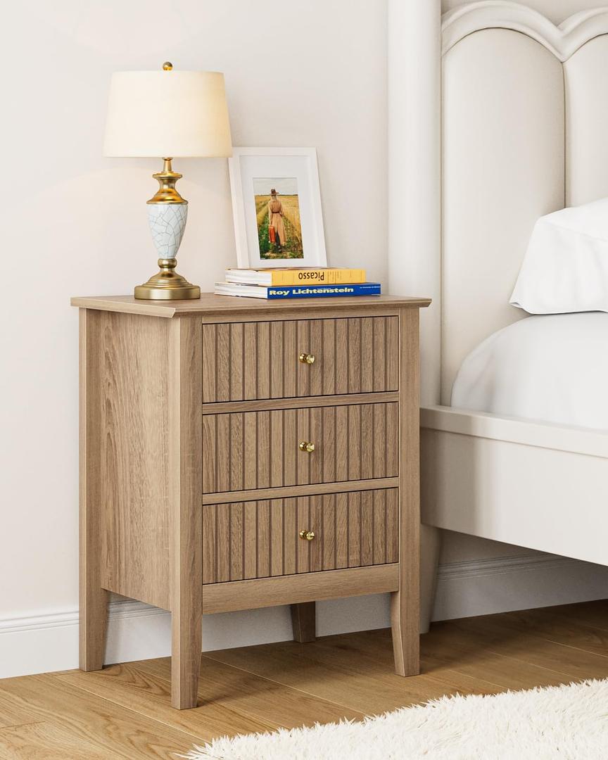 Fluted Nightstand, Farmhouse Night Stand with 3 Drawers, Mid Century Modern Side Accent Table, Bedside End Table for Bedroom, Living Room, Natural