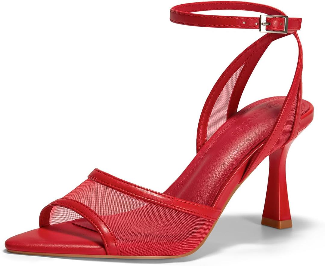 Coutgo Womens Kitten Heels Sandals Pointed Open Toe Ankle Buckle Strap Summer Dress Shoes (6.5, Mesh Red)