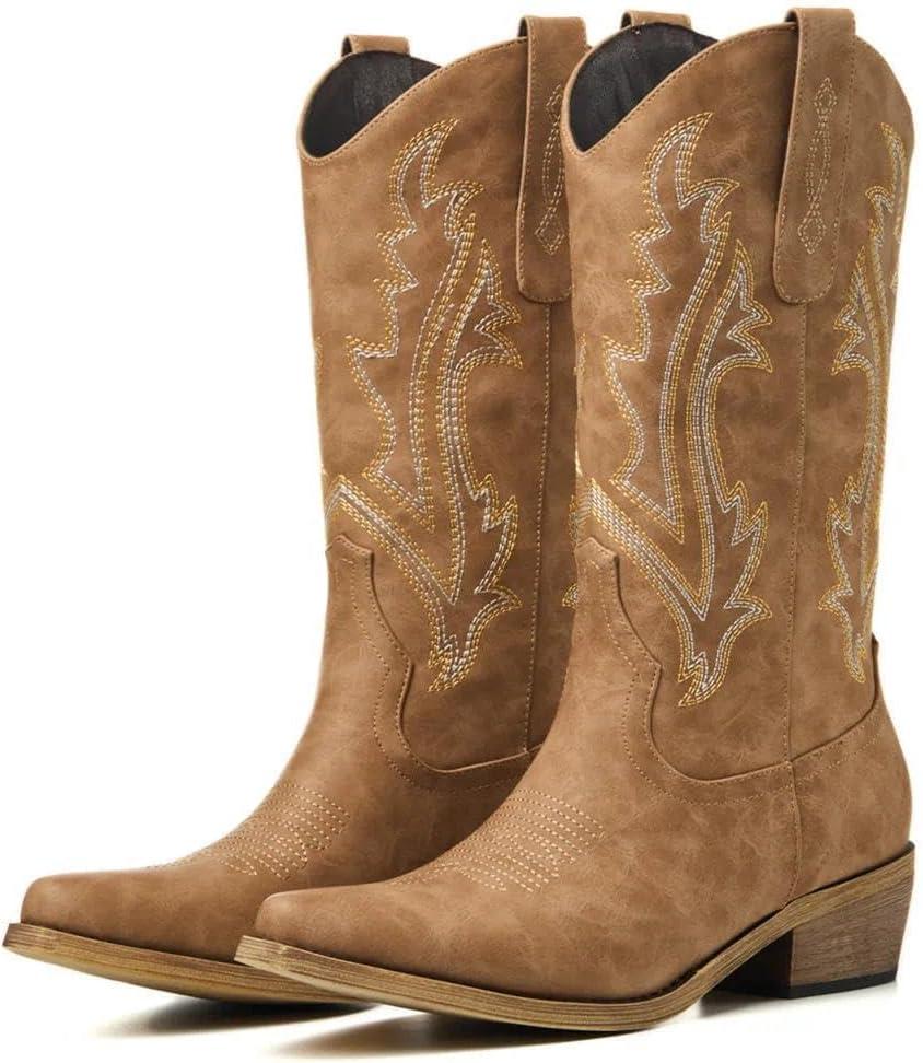 Cowboy Boots for Women, Cowgirl Boots with Embroidered and Chunky Heel, Ideal for Daily Wear and Country Fashion (7, Tan)