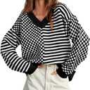 Women's Sweater Pullover Tops Knit V Neck Striped Checkered Winter Spring Long Sleeve Casual Fashion 2026 Lightweight Clothes Black M (M)