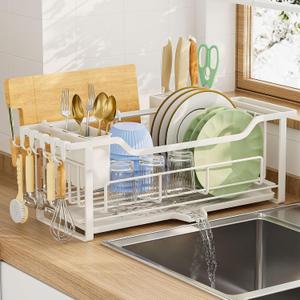 AIDERLY Narrow Dish Drying Rack for Kitchen Counter Auto Drain Iron Dish Drainer with Removable Cutlery Basket, White