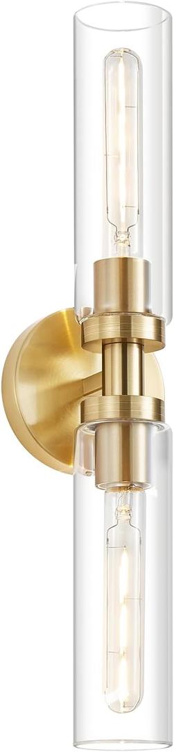 2-Light Brushed Brass Gold Bathroom Light Fixtures Over Mirror Modern Vanity Light Wall Lighting with Clear Glass Shade for Bathroom, Bedroom, Hallway, Cabinet